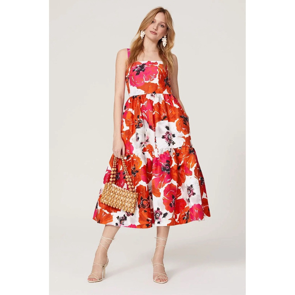 Tanya Taylor Gia Dress Size 2 Red Floral Midi Silk Blend Fit Flare Sundress $545 - Picture 10 of 13